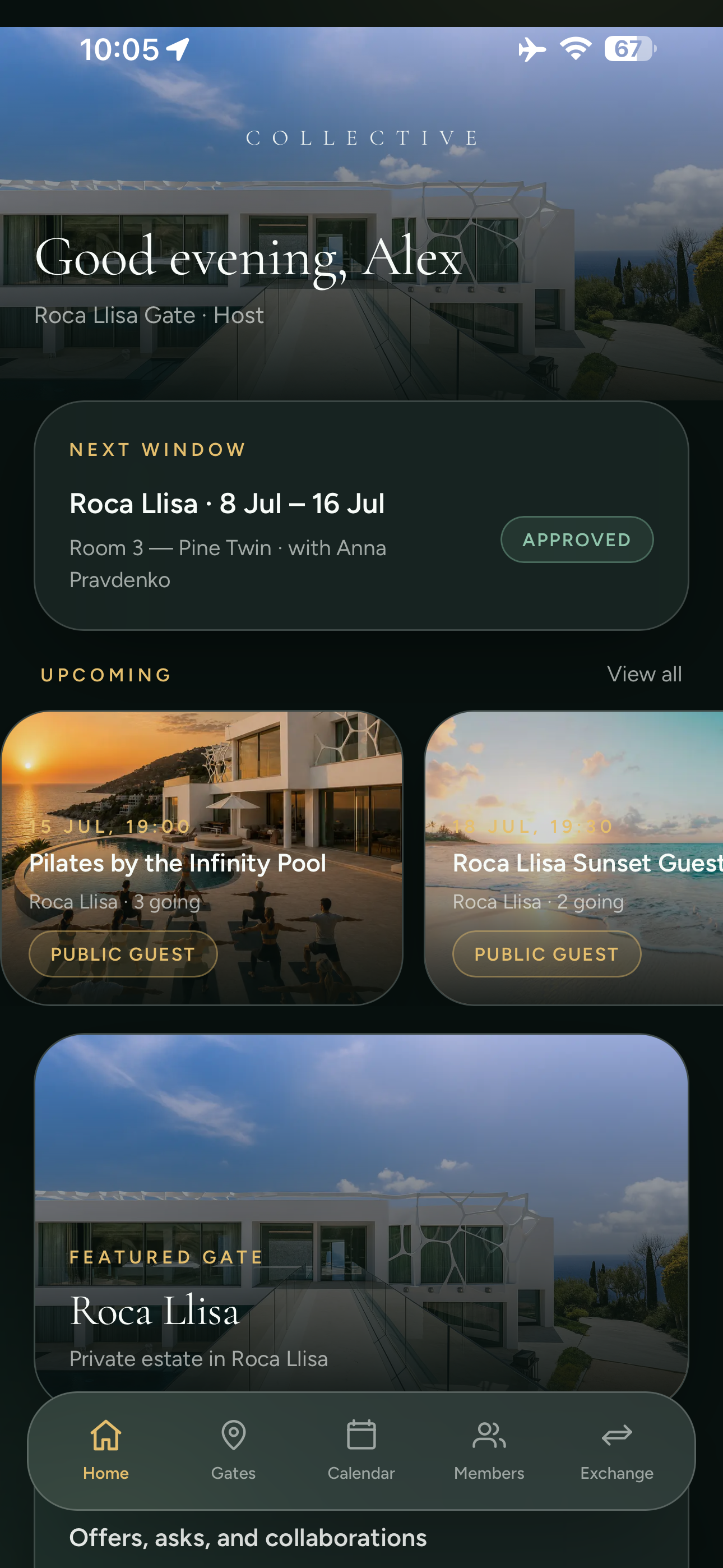 Collective member home showing the next stay, upcoming events, featured Gate and Exchange